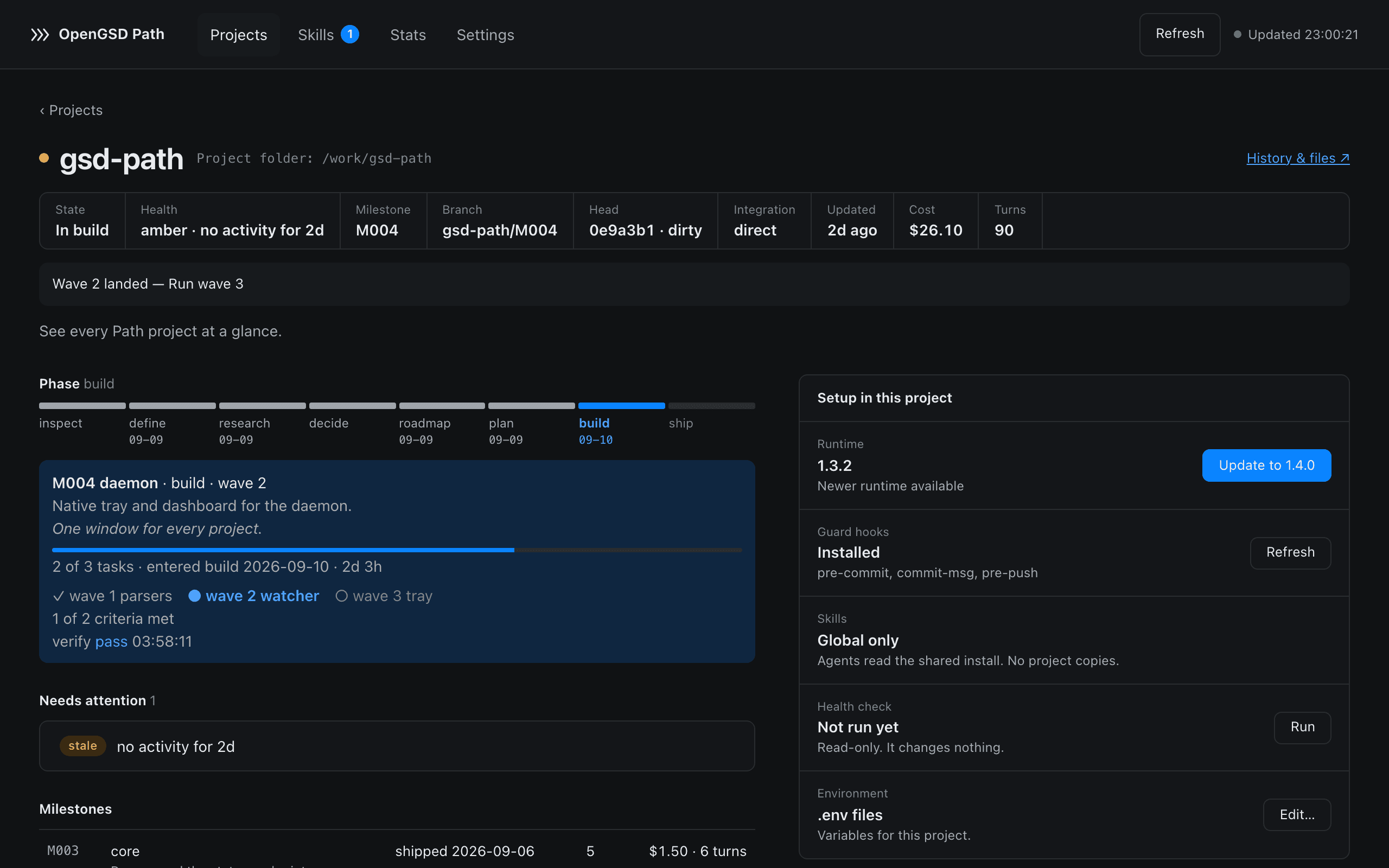 OpenGSD Path app project page with the phase bar, the current milestone, and the setup panel
